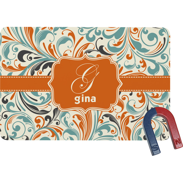 Custom Orange & Blue Leafy Swirls Rectangular Fridge Magnet (Personalized)