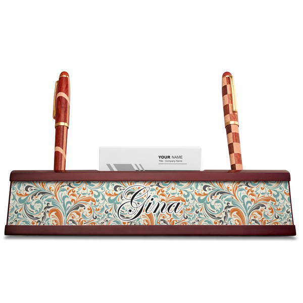 Orange & Blue Leafy Swirls Red Mahogany Nameplates with Business Card Holder - Straight