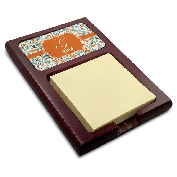Custom Orange & Blue Leafy Swirls Red Mahogany Sticky Note Holder (Personalized)