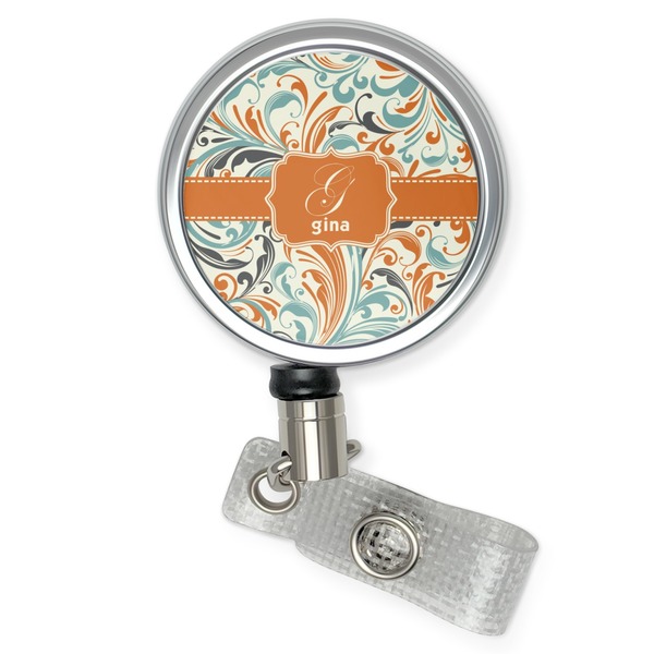 Custom Orange & Blue Leafy Swirls Retractable Badge Reel (Personalized)