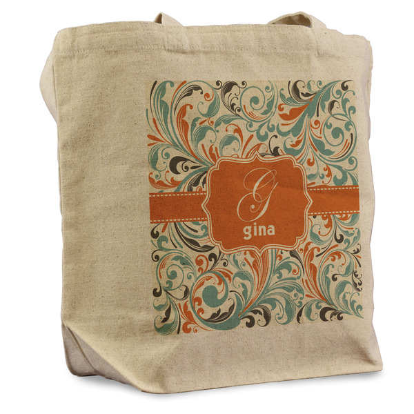 Custom Orange & Blue Leafy Swirls Reusable Cotton Grocery Bag (Personalized)