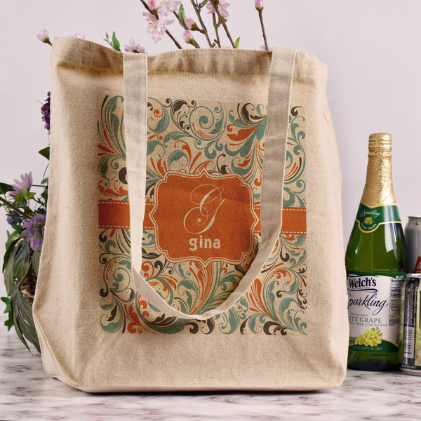 Orange & Blue Leafy Swirls Reusable Cotton Grocery Bag - In Context