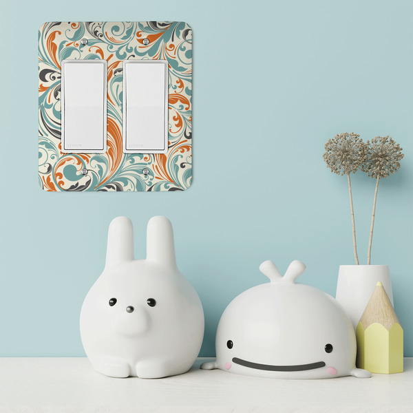 Orange & Blue Leafy Swirls Rocker Light Switch Covers - Double - IN CONTEXT