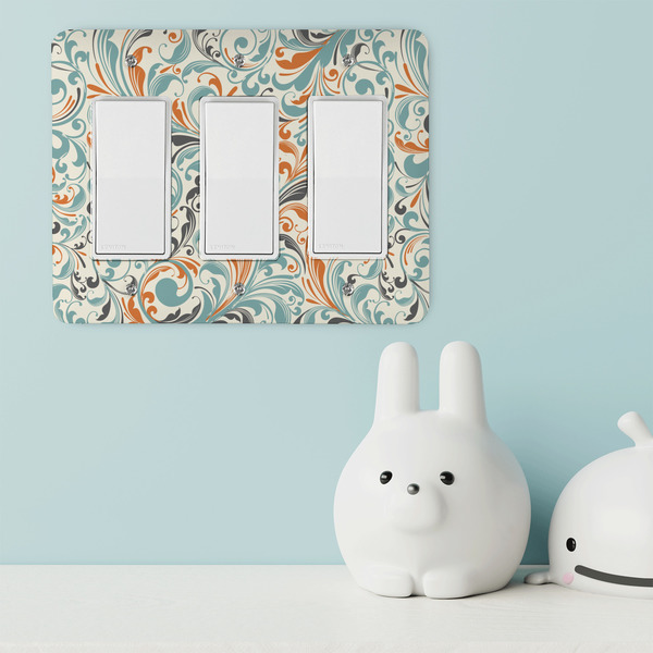 Orange & Blue Leafy Swirls Rocker Light Switch Covers - Triple - IN CONTEXT