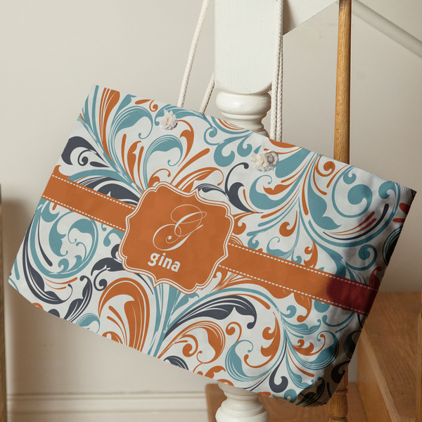 Orange & Blue Leafy Swirls Large Rope Tote - Life Style