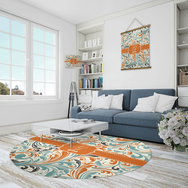 Orange & Blue Leafy Swirls Round Area Rug - IN CONTEXT
