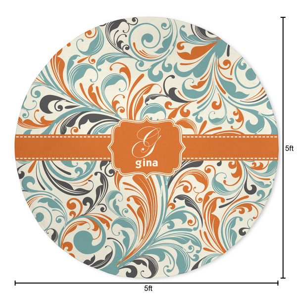 Orange & Blue Leafy Swirls Round Area Rug - Size