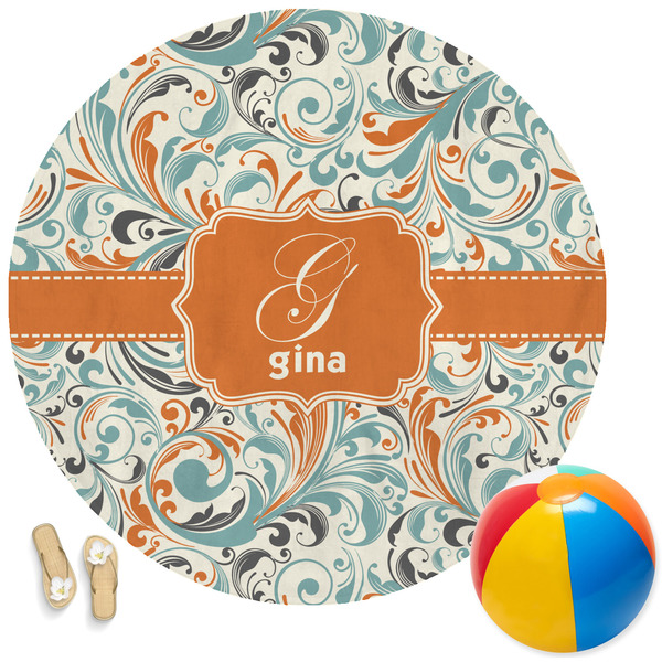 Custom Orange & Blue Leafy Swirls Round Beach Towel (Personalized)