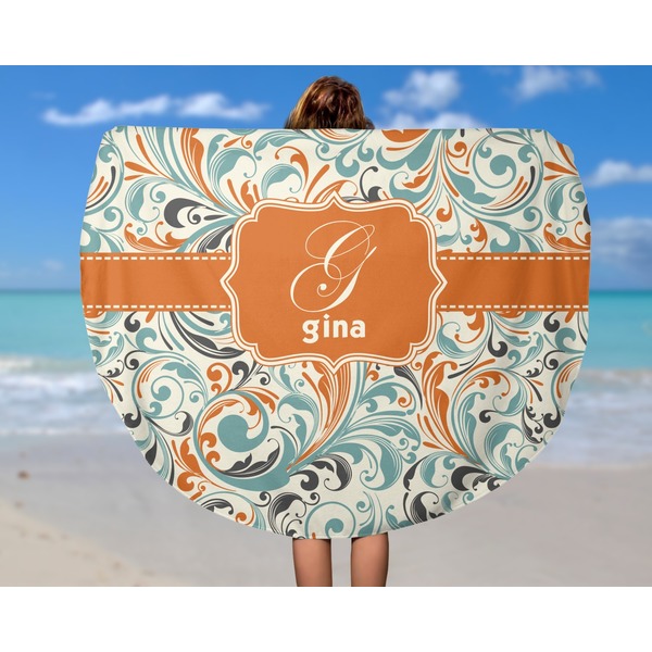 Orange & Blue Leafy Swirls Round Beach Towel - In Use