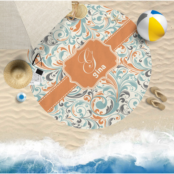 Orange & Blue Leafy Swirls Round Beach Towel Lifestyle