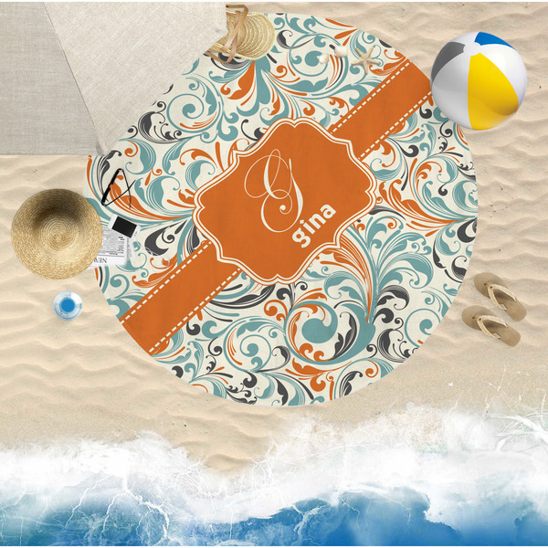 Orange & Blue Leafy Swirls Round Beach Towel Lifestyle