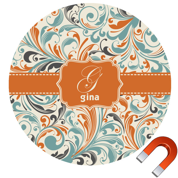 Custom Orange & Blue Leafy Swirls Round Car Magnet - 6" (Personalized)