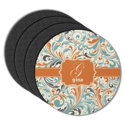 Orange & Blue Leafy Swirls Round Rubber Backed Coasters - Set of 4 (Personalized)