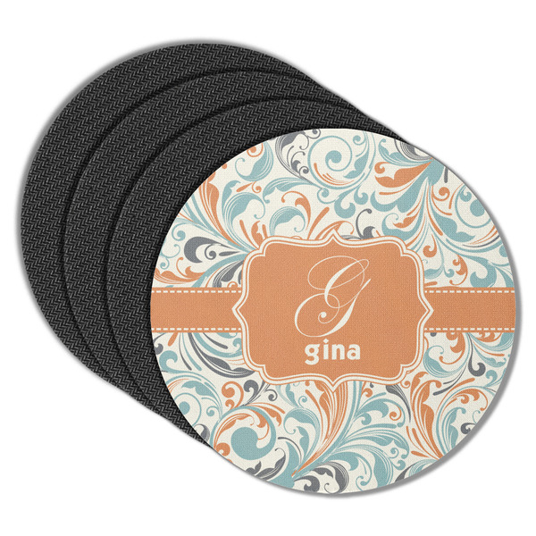 Custom Orange & Blue Leafy Swirls Round Rubber Backed Coasters - Set of 4 (Personalized)
