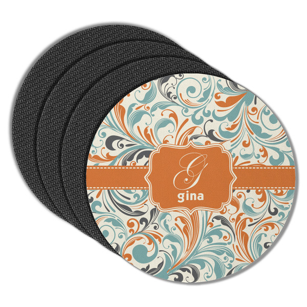 Orange & Blue Leafy Swirls Round Coaster Rubber Back - Main