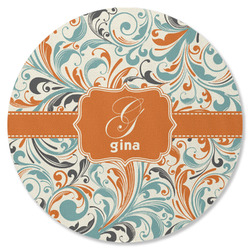 Orange & Blue Leafy Swirls Round Rubber Backed Coaster (Personalized)