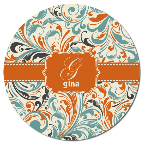 Orange & Blue Leafy Swirls Round Fridge Magnet - FRONT