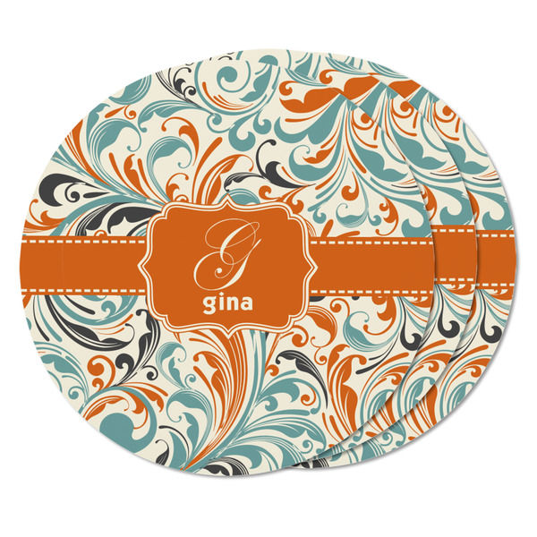 Orange & Blue Leafy Swirls Round Fridge Magnet - THREE