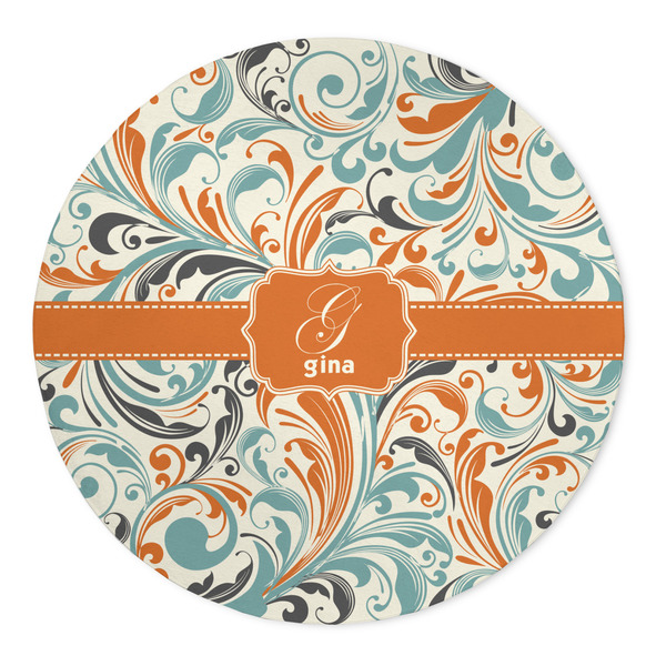 Custom Orange & Blue Leafy Swirls 5' Round Indoor Area Rug (Personalized)
