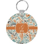 Orange & Blue Leafy Swirls Round Plastic Keychain (Personalized)