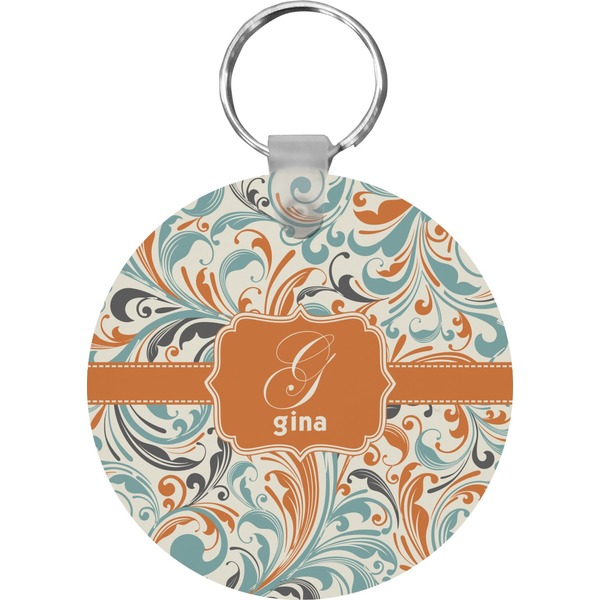 Custom Orange & Blue Leafy Swirls Round Plastic Keychain (Personalized)