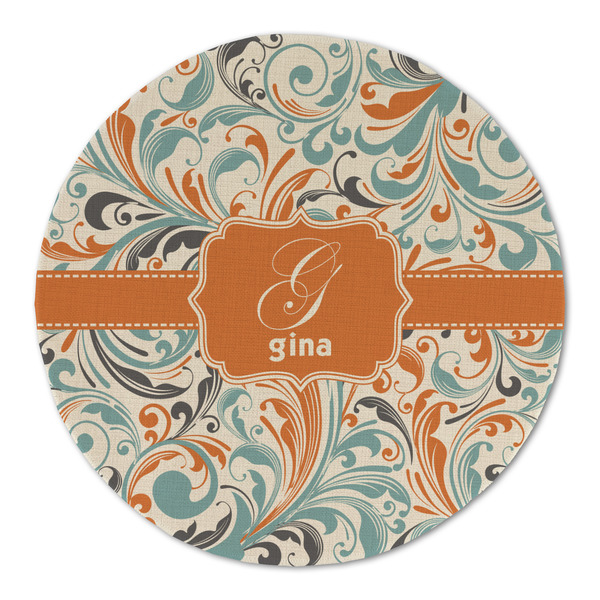 Custom Orange & Blue Leafy Swirls Round Linen Placemat (Personalized)
