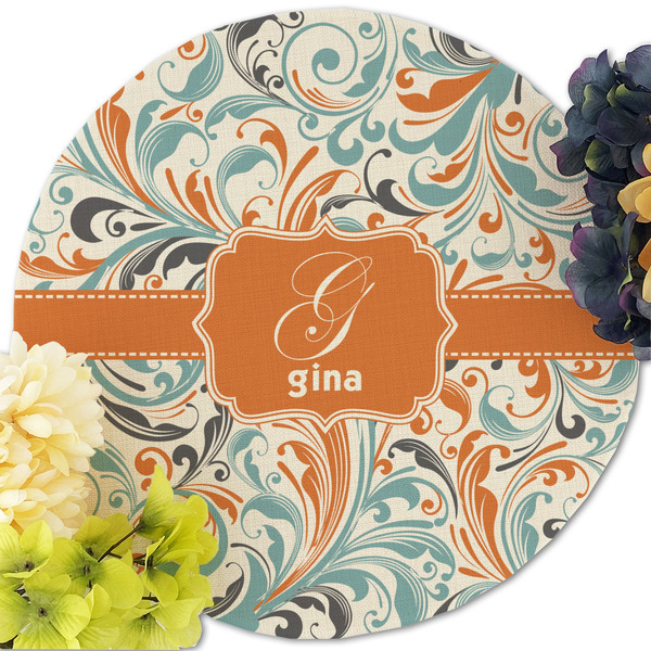 Orange & Blue Leafy Swirls Round Linen Placemats - Front (w flowers)