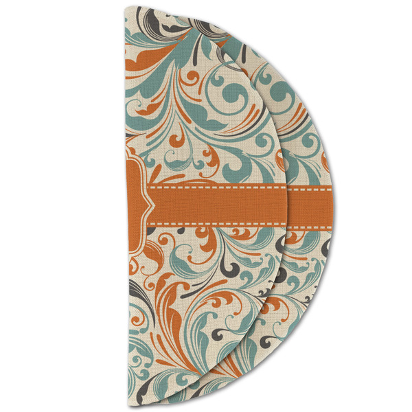 Orange & Blue Leafy Swirls Round Linen Placemats - HALF FOLDED (double sided)