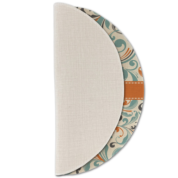 Orange & Blue Leafy Swirls Round Linen Placemats - HALF FOLDED (single sided)