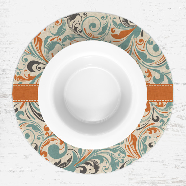 Orange & Blue Leafy Swirls Round Linen Placemats - LIFESTYLE (single)