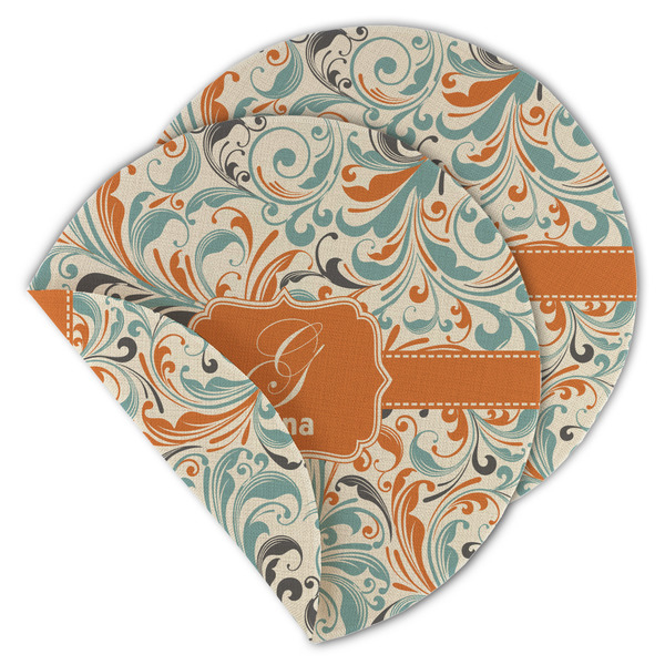 Custom Orange & Blue Leafy Swirls Round Linen Placemat - Double Sided - Set of 4 (Personalized)