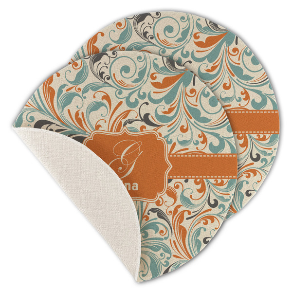 Custom Orange & Blue Leafy Swirls Round Linen Placemat - Single Sided - Set of 4 (Personalized)