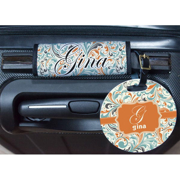 Orange & Blue Leafy Swirls Round Luggage Tag & Handle Wrap - In Context