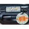 Orange & Blue Leafy Swirls Round Luggage Tag & Handle Wrap - In Context