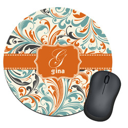 Orange & Blue Leafy Swirls Round Mouse Pad (Personalized)