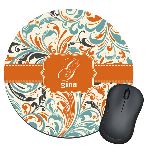 Custom Orange & Blue Leafy Swirls Round Mouse Pad (Personalized)
