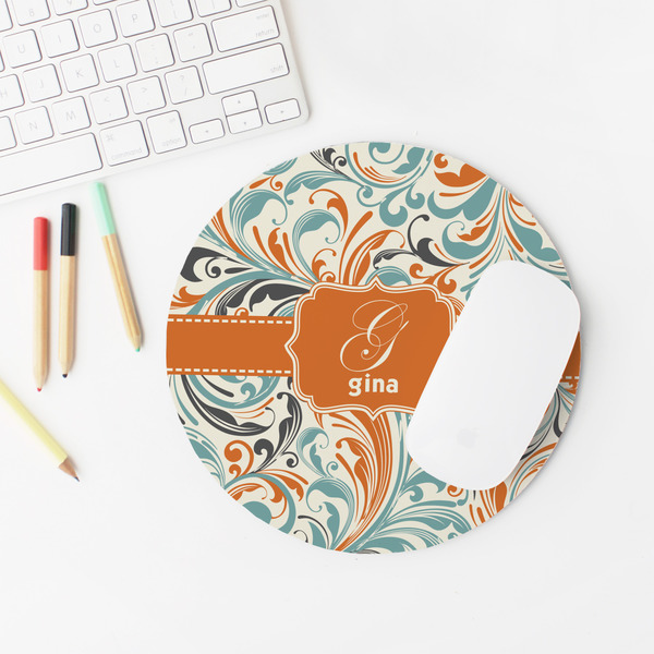 Orange & Blue Leafy Swirls Round Mousepad - LIFESTYLE 2