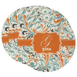 Orange & Blue Leafy Swirls Round Paper Coasters w/ Name and Initial
