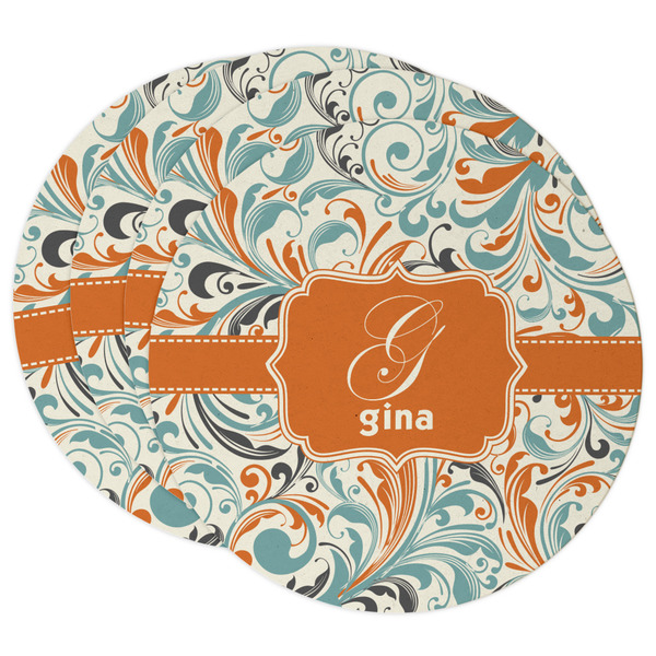 Custom Orange & Blue Leafy Swirls Round Paper Coasters w/ Name and Initial