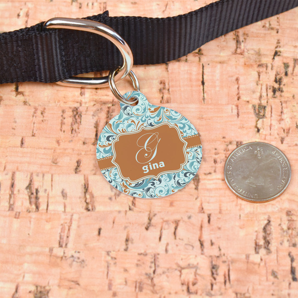 Orange & Blue Leafy Swirls Round Pet ID Tag - Large - In Context