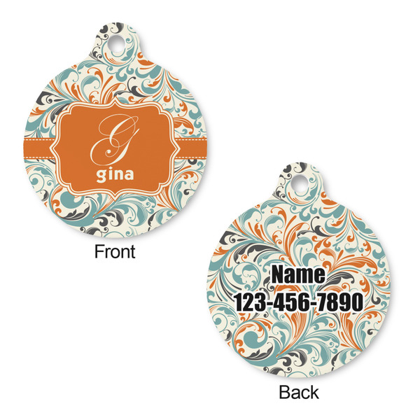 Orange & Blue Leafy Swirls Round Pet Tag - Front & Back