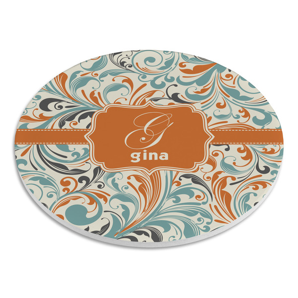 Orange & Blue Leafy Swirls Round Stone Trivet - Angle View