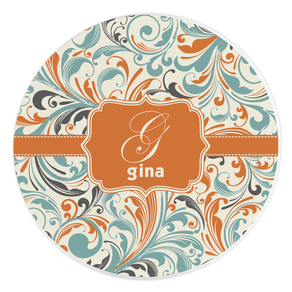 Custom Orange & Blue Leafy Swirls Round Stone Trivet (Personalized)