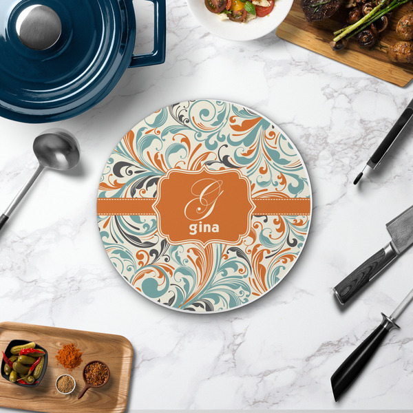 Orange & Blue Leafy Swirls Round Stone Trivet - In Context View