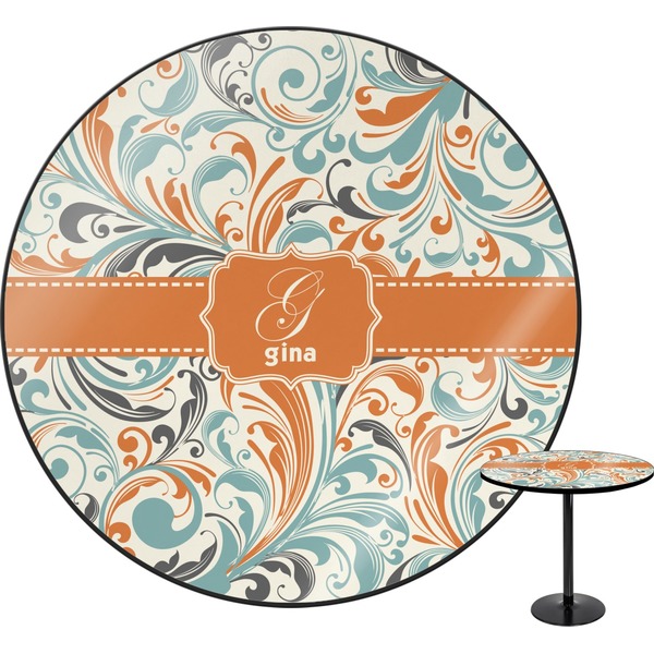 Custom Orange & Blue Leafy Swirls Round Table - 30" (Personalized)