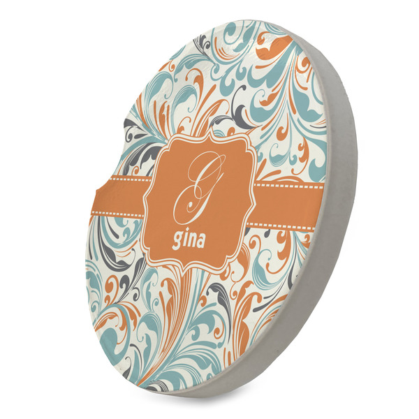 Orange & Blue Leafy Swirls Sandstone Car Coaster - STANDING ANGLE