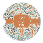 Orange & Blue Leafy Swirls Sandstone Car Coaster - Single (Personalized)
