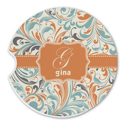 Orange & Blue Leafy Swirls Sandstone Car Coaster - Single (Personalized)