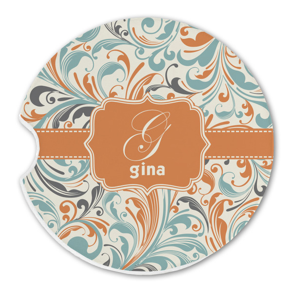 Custom Orange & Blue Leafy Swirls Sandstone Car Coaster - Single (Personalized)