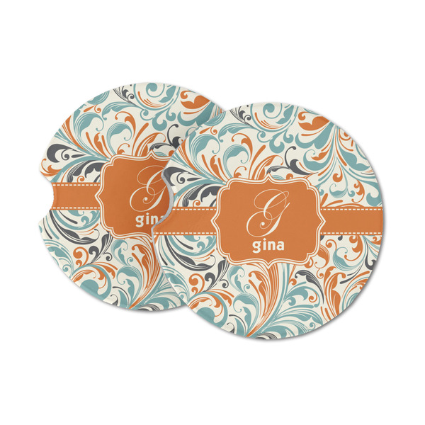 Custom Orange & Blue Leafy Swirls Sandstone Car Coasters - Set of 2 (Personalized)